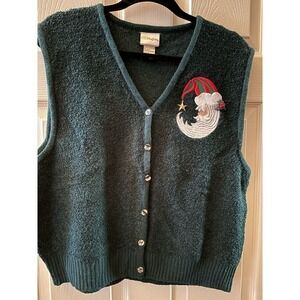 Women Hunter Green Boucher Knit Vintage Santa Moon Christmas Button Vest Large